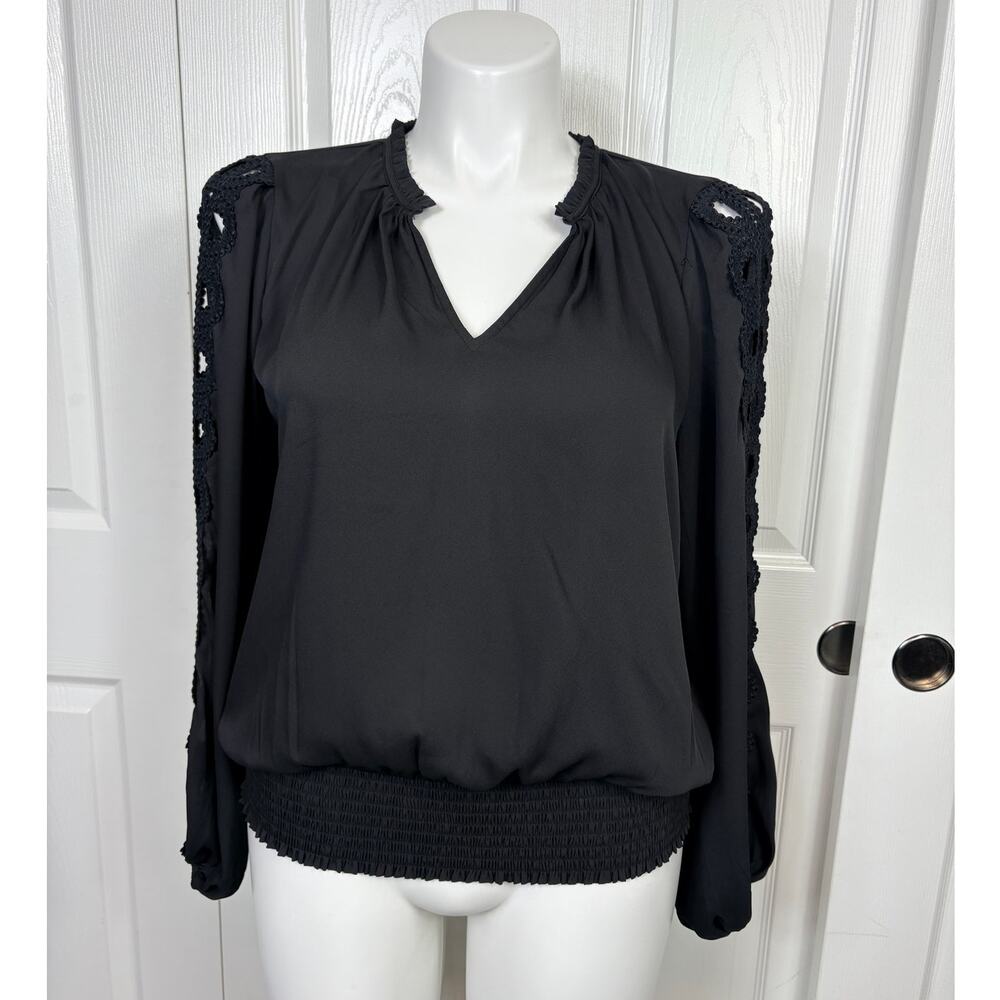 White House Black Market Black Long Sleeve Blouse Split V-Neck Size L